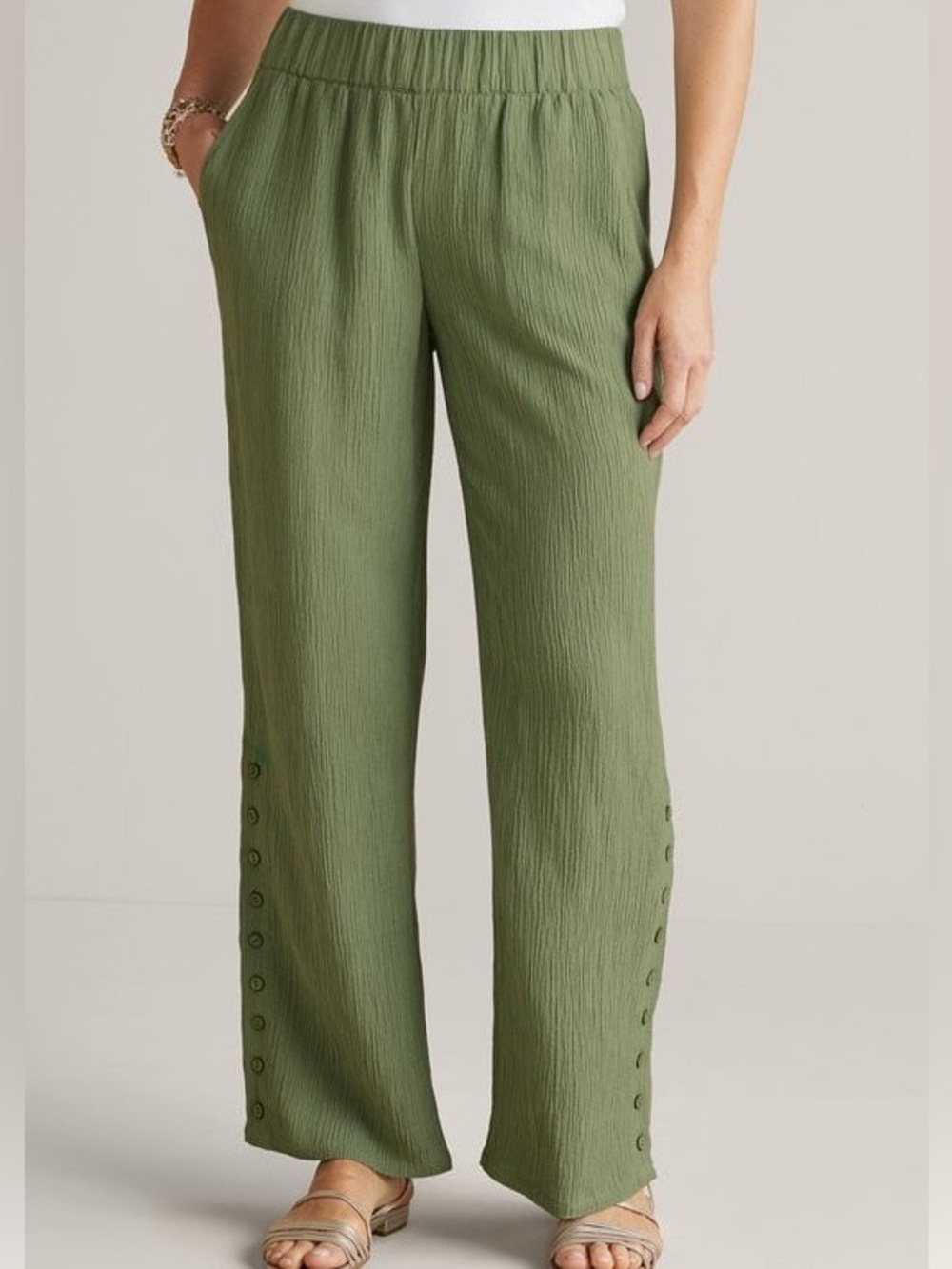 Soft Surroundings Oceo Crinkle Gauze Wide Leg Pants Olive Green Medium Tall